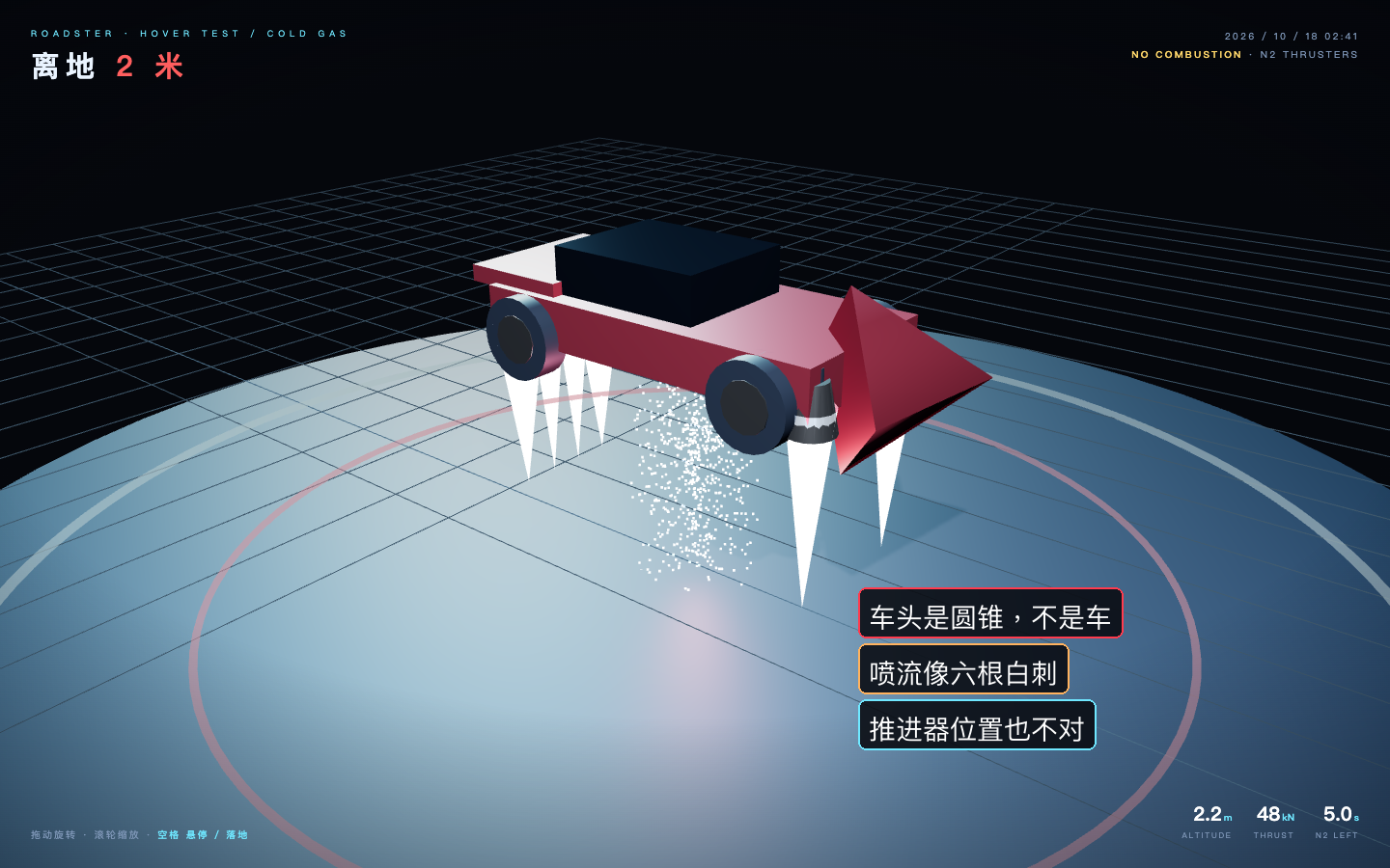 DeepSeek-V4.1-Flash-1017 实测:3D 飞行特斯拉,红色圆锥车头、六道白色喷流,像火箭卡丁车